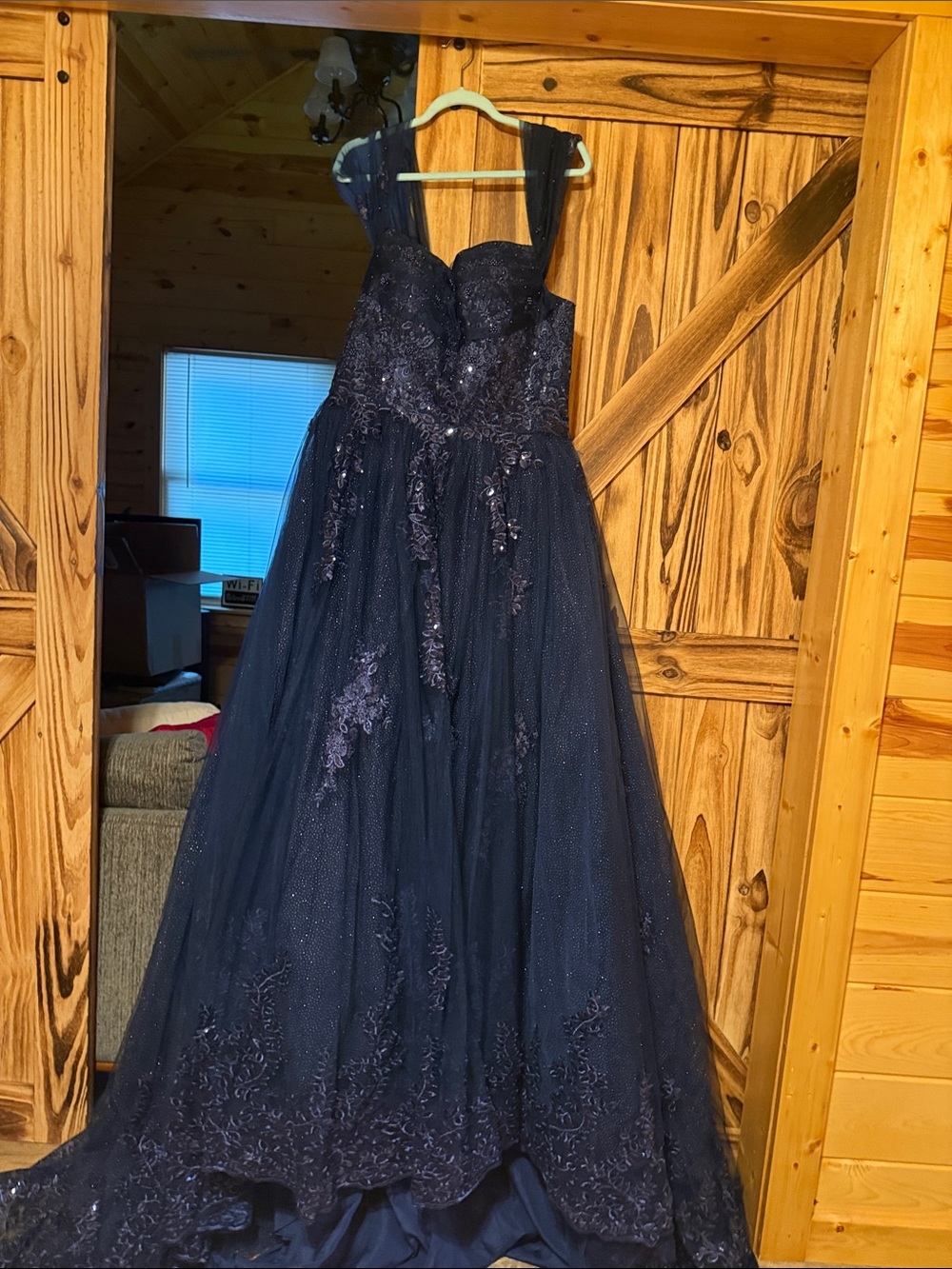 Sleeveless Navy Embroidered Tulle Ball Dress